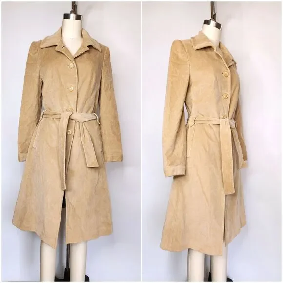 【Vintage】Corduroy Over Long coat Vintage 70s Style McGregor Tan Corduroy Midi Trench Coat